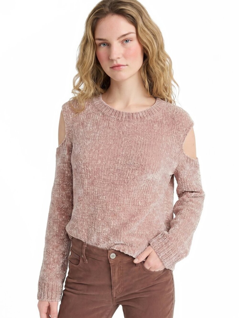 NWT EXPRESS Pink Metallic Cold Shoulder Chenille Sweater Small Bell Sleeve S NEW